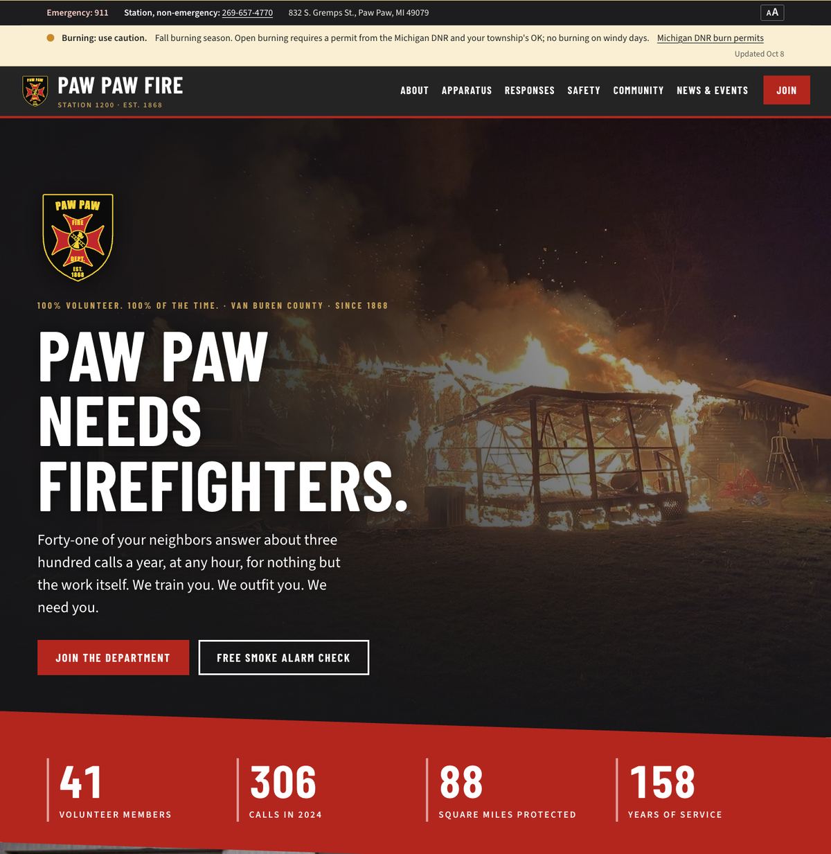 A volunteer fire department website built by Sites for Service: 'Paw Paw needs firefighters'.
